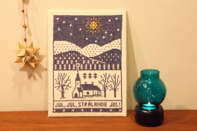 画像1: クリスマス北欧雑貨/スウェーデン/クリスマスクロスステッチ/ハンドメイド/ブルー星空＆教会